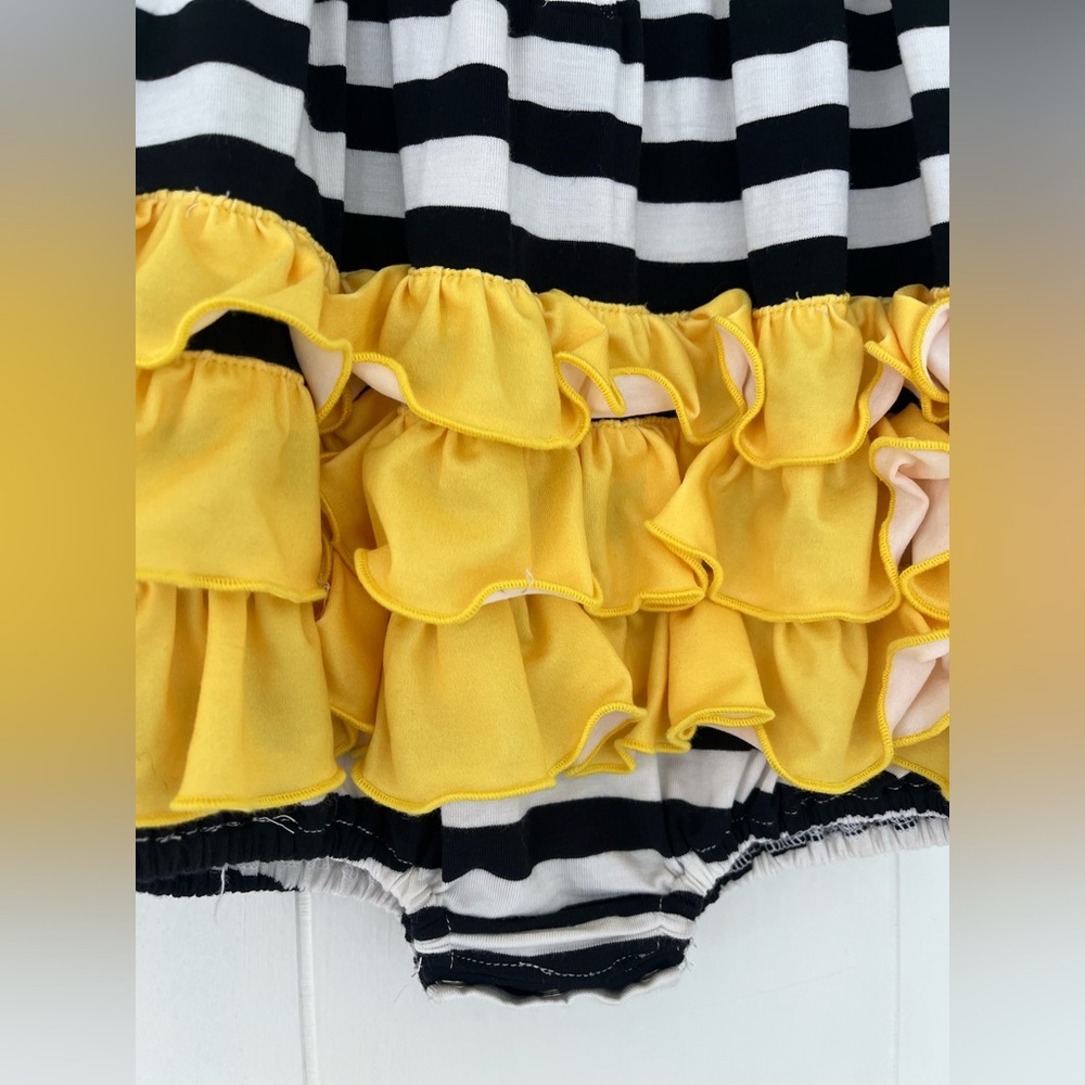 Awe Smocks Star Wats Smocked Stripe Black & White Bubble 1 Piece Yellow Ruffles - Picture 10 of 14